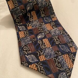 Guy Laroche Blue and Brown Tie with Pineapple and Leaf Pattern